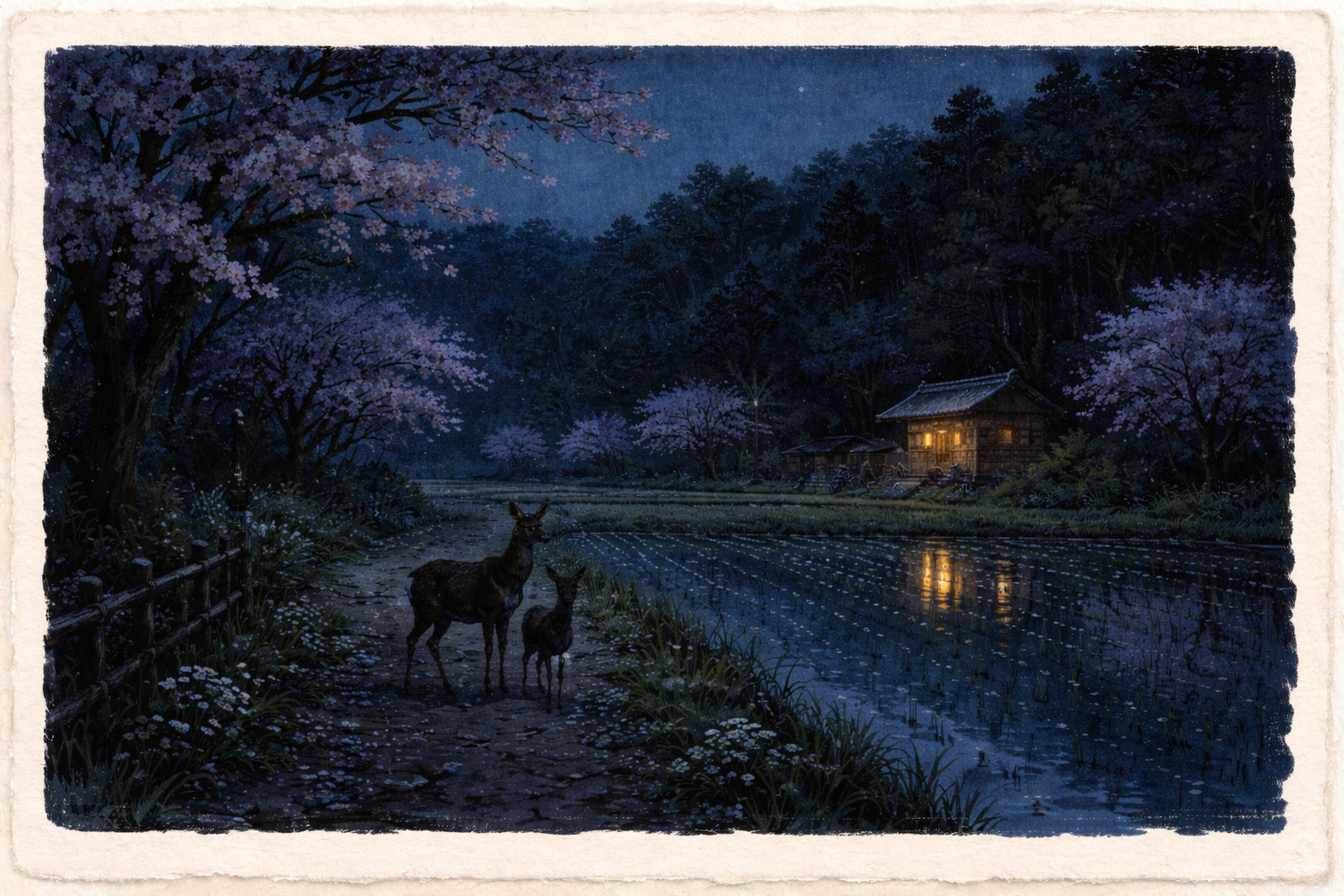 夜の田畑と小道、手前に二頭の鹿、右に水面の反射、奥に灯りの入った家、背後に暗い森と春の木々