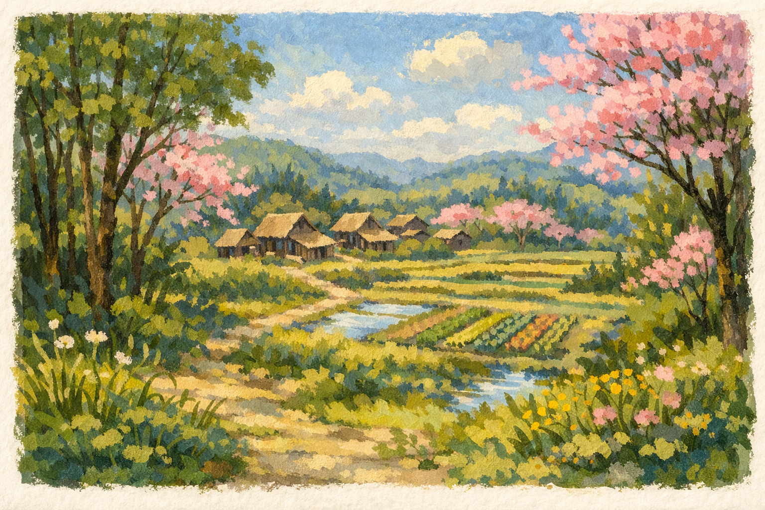 Wide gouache landscape on aged textured paper with rough border. Foreground grasses and plants, young woodland framing left and right, narrowing in perspective. Center distance shows a small Japanese village with vegetable plots and rice fields under clear afternoon light.