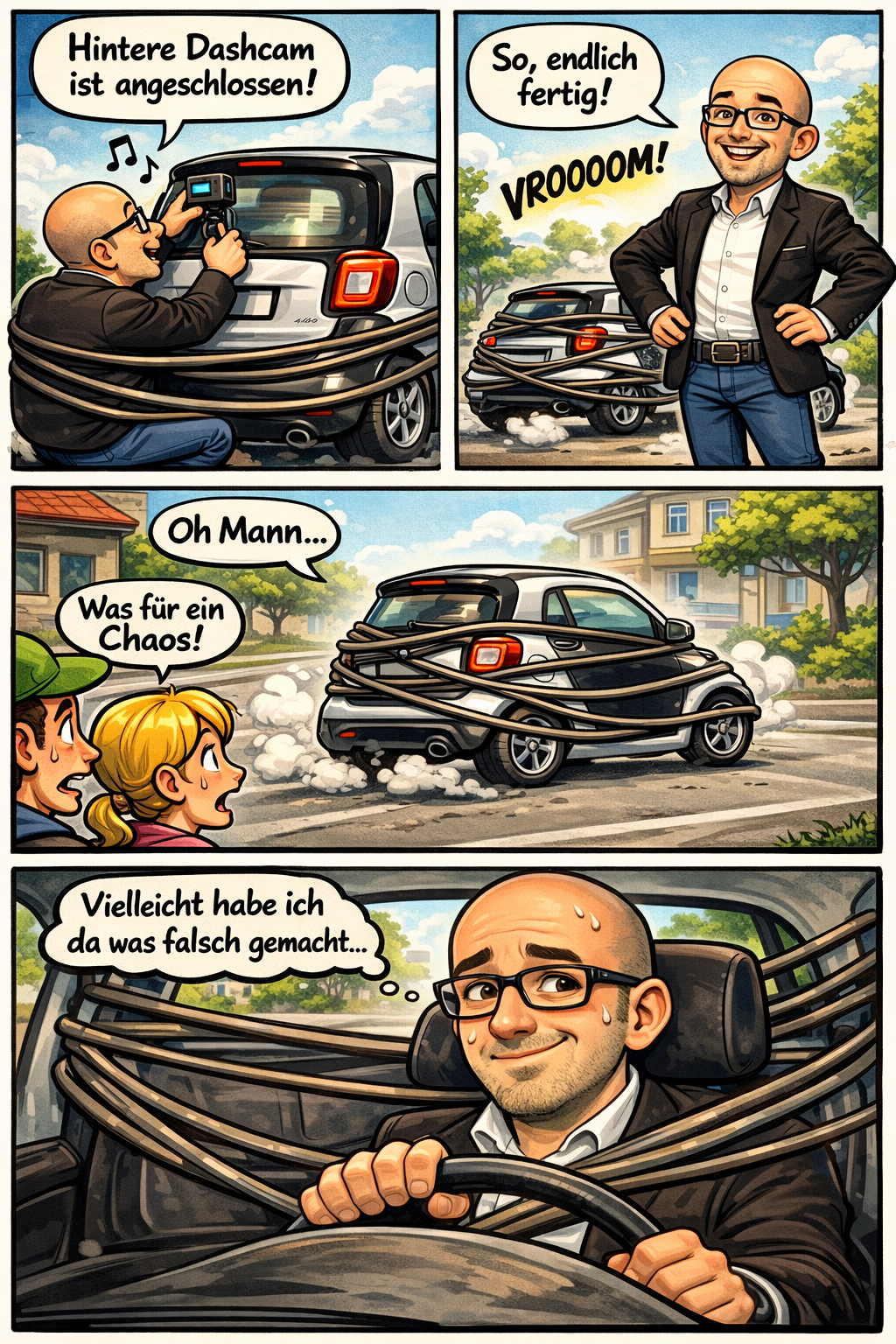 Vierpanel-Comic: Glatzköpfiger Mann mit Brille montiert eine hintere Dashcam an einem silber-schwarzen Smart, das Kabel mehrfach um das Auto gewickelt. Sprechblasen: „Hintere Dashcam ist angeschlossen!“, „So, endlich fertig!“, „Oh Mann…“, „Was für ein Chaos!“, „Vielleicht habe ich da was falsch gemacht…“. Im letzten Panel sitzt er schwitzend am Steuer, Kabel verlaufen quer.